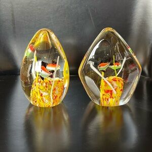 Hand Blown Glass Paperweight Fish Aquarium Vintage Set of 2